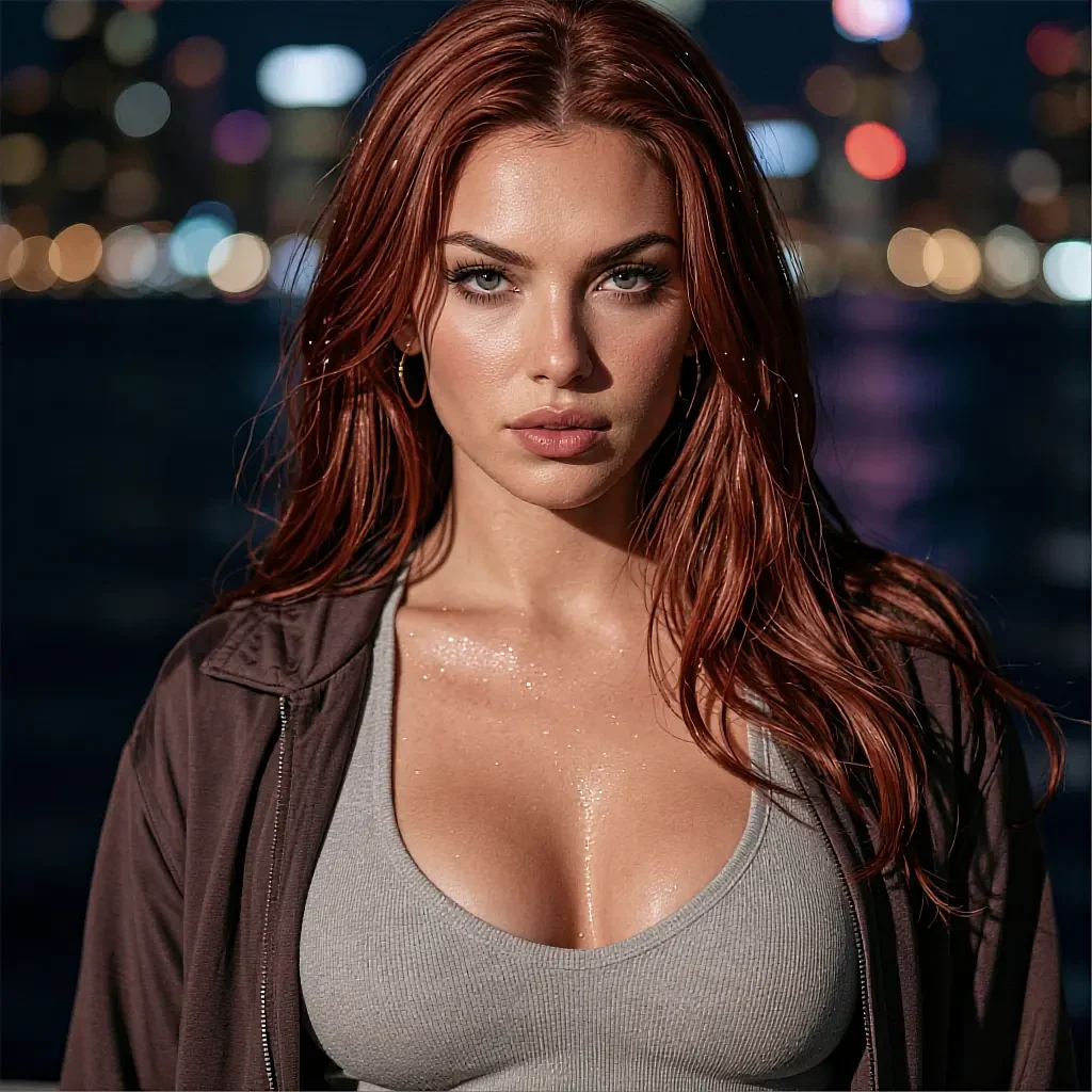 Red-haired woman in grey tank top and open brown jacket with night city bokeh behind her