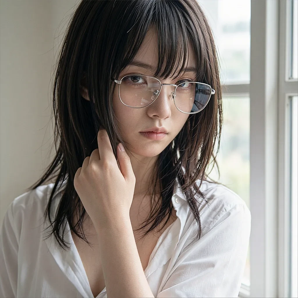 Dark-haired woman with bangs and wire-frame glasses in white button-up shirt beside a bright window