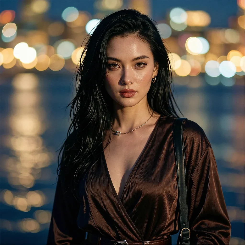 Black-haired woman in brown satin wrap top with thin necklace, night waterfront bokeh behind her