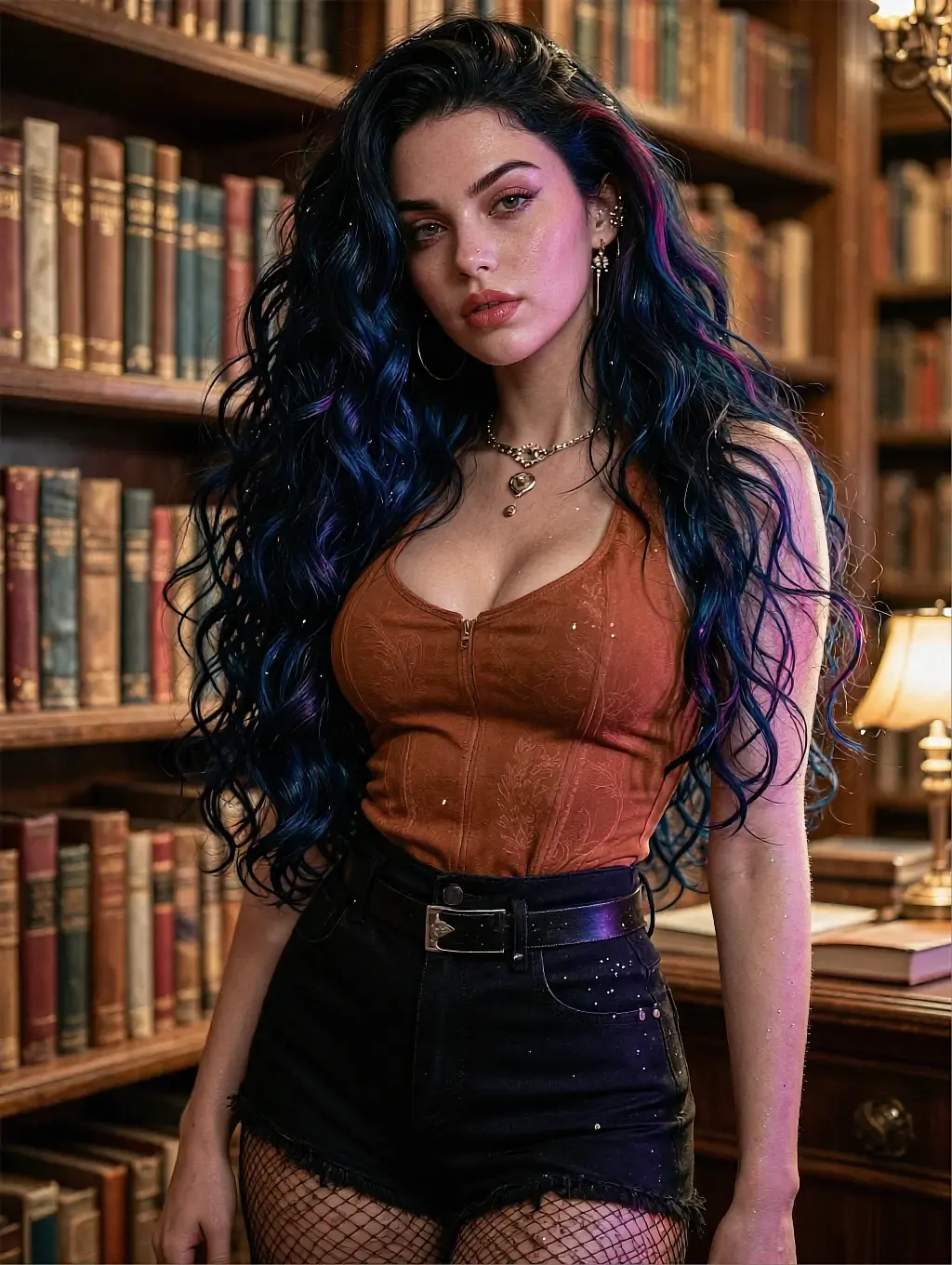 Blue-black-haired woman in rust corset top and dark denim shorts with fishnet stockings in a library