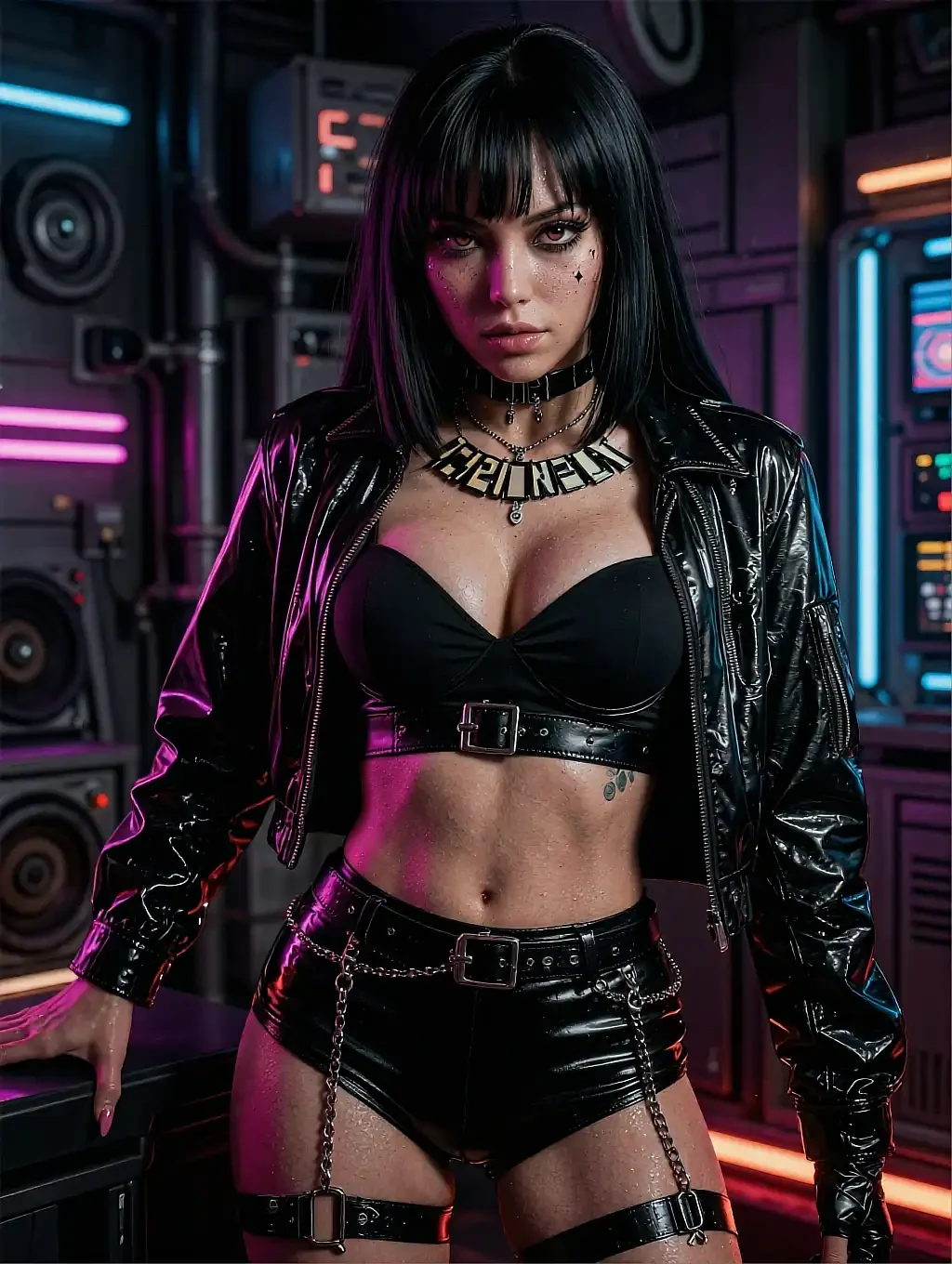Black-haired woman with bangs in leather jacket, crop top and PVC shorts with chains in neon-lit setting