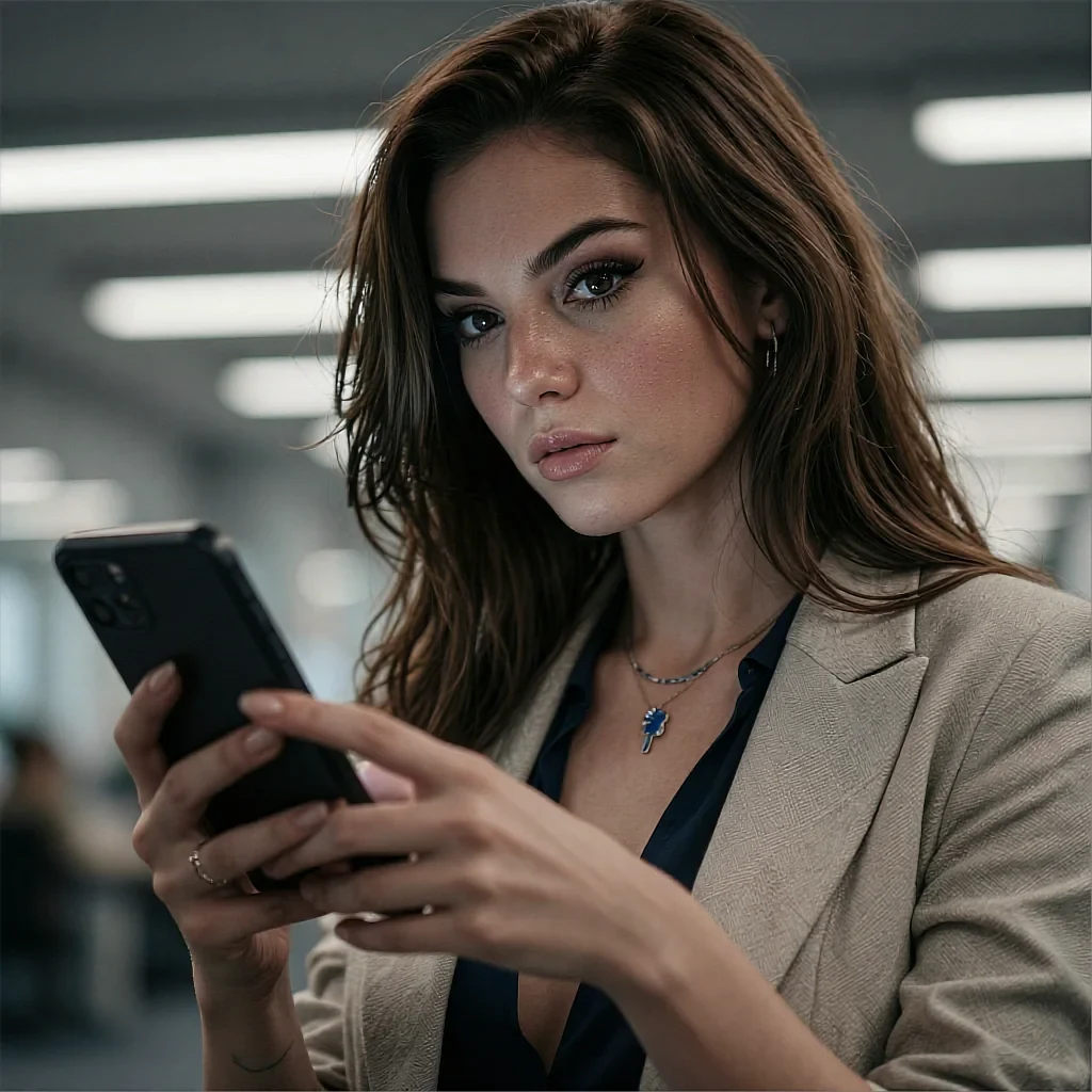 Brown-haired woman in beige blazer and dark top holding a phone in a fluorescent-lit office