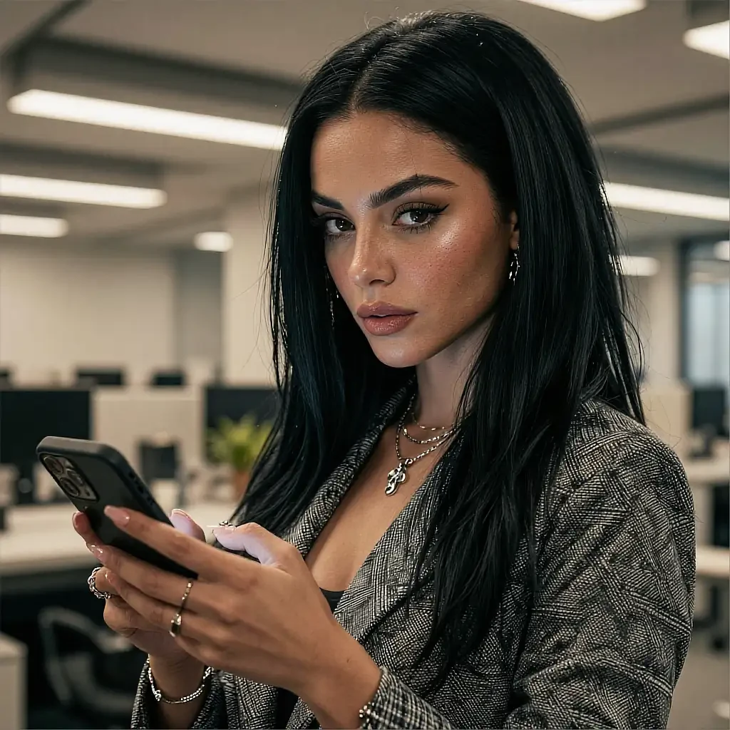 Straight black-haired woman in grey tweed blazer with layered necklaces holding phone in an office
